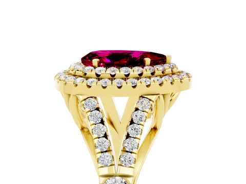 Yellow gold Double Halo Pear Cut Garnet Split Shank Engagement Ring with Four-Prong Setting_5