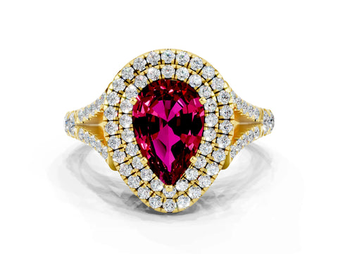 Yellow gold Double Halo Pear Cut Garnet Split Shank Engagement Ring with Four-Prong Setting