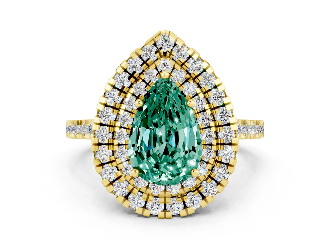 Yellow gold Double Halo Pear Cut Green Sapphire Pavé Band with Four-Prong Setting