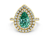 Yellow gold Double Halo Pear Cut Green Sapphire Pavé Band with Four-Prong Setting