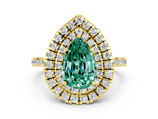 Yellow gold Double Halo Pear Cut Green Sapphire Pavé Band with Four-Prong Setting