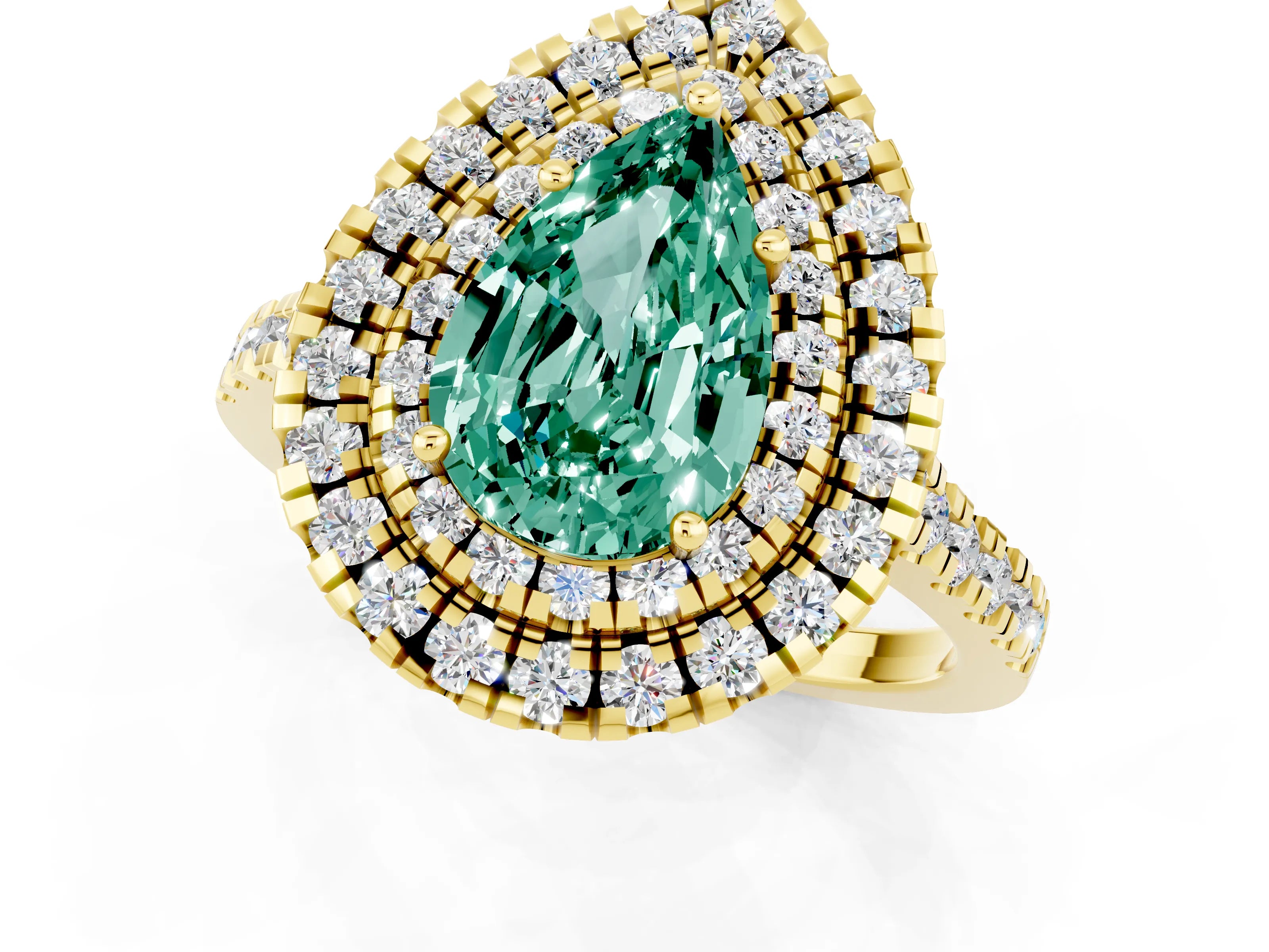 Yellow gold Double Halo Pear Cut Green Sapphire Pavé Band with Four-Prong Setting_1