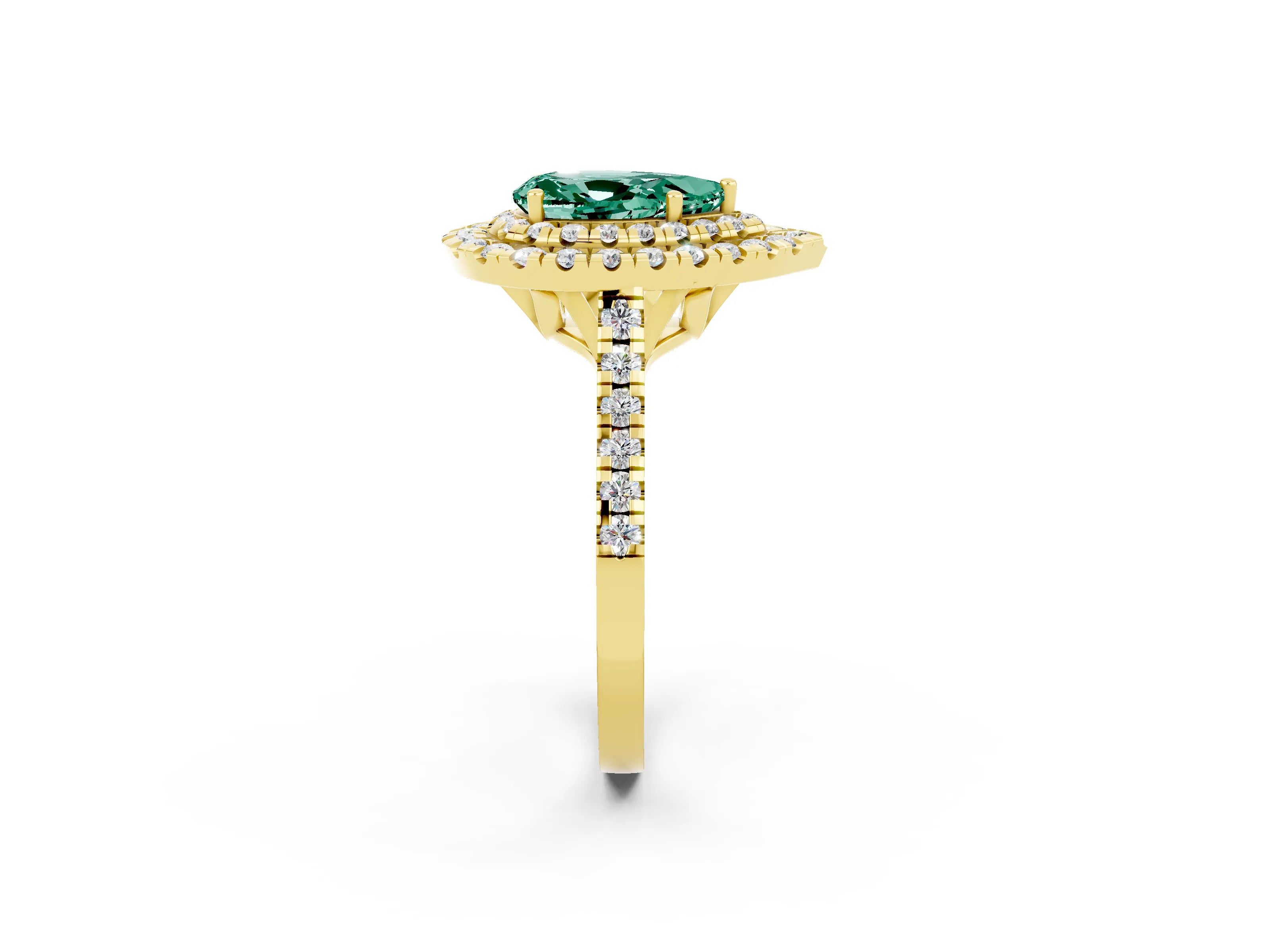 Yellow gold Double Halo Pear Cut Green Sapphire Pavé Band with Four-Prong Setting_2