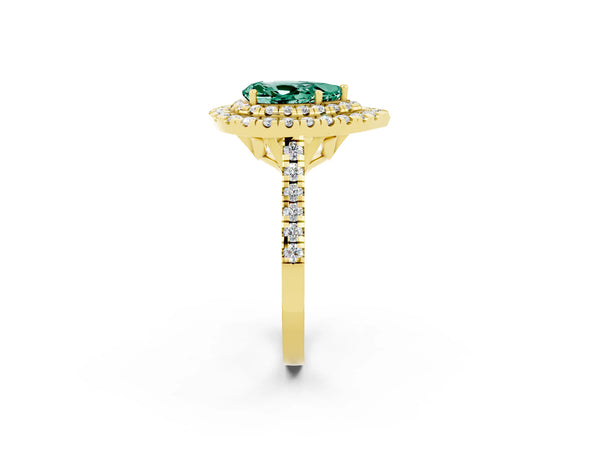Yellow gold Double Halo Pear Cut Green Sapphire Pavé Band with Four-Prong Setting