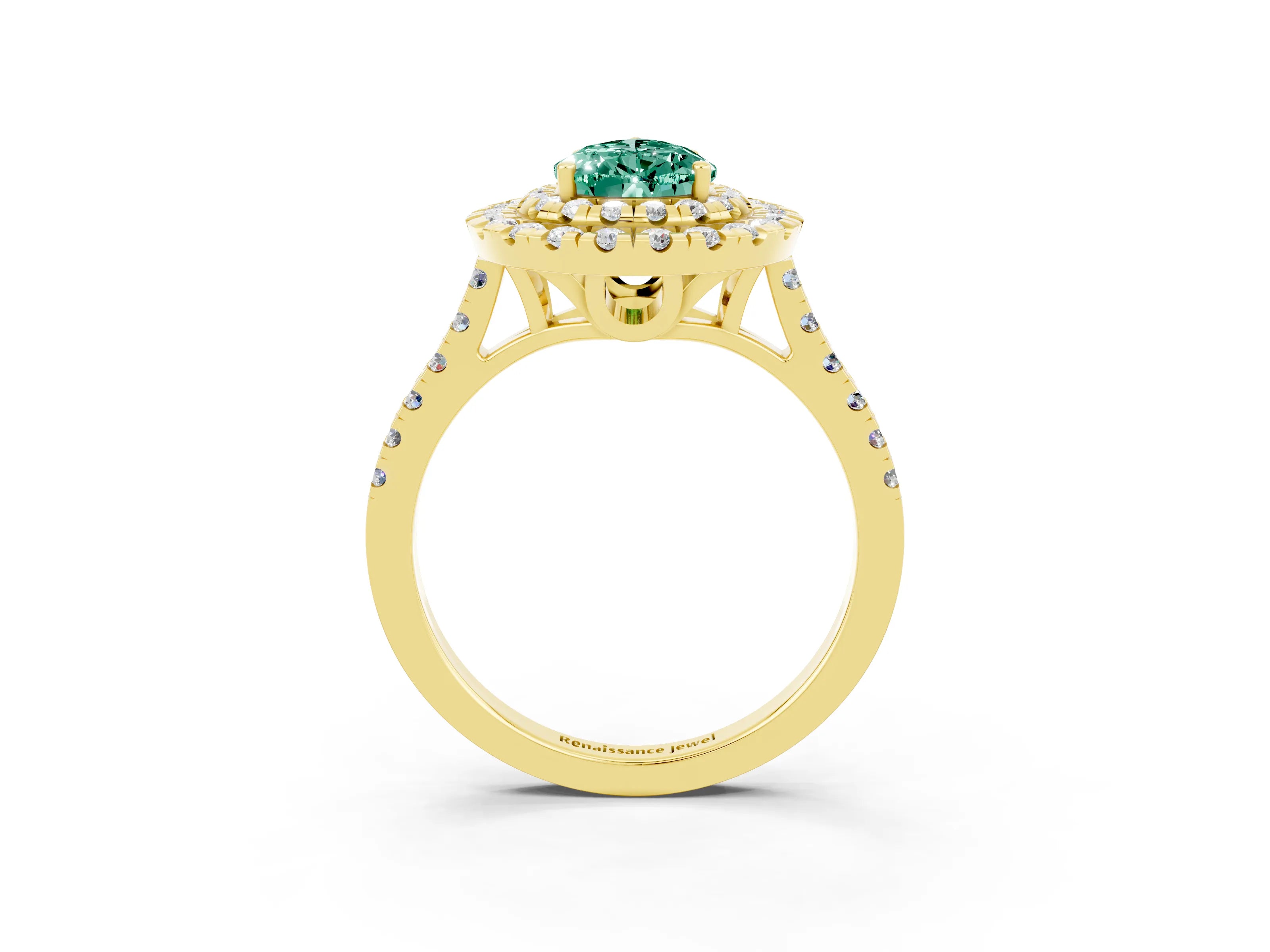 Yellow gold Double Halo Pear Cut Green Sapphire Pavé Band with Four-Prong Setting_3