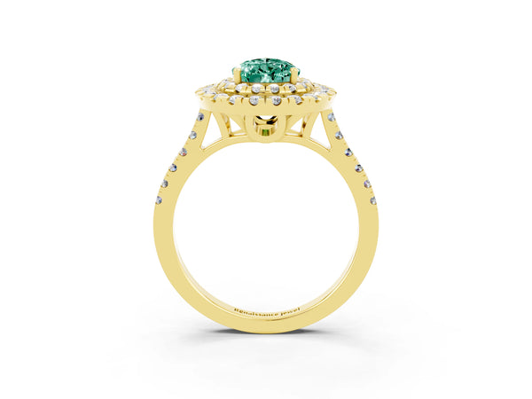 Yellow gold Double Halo Pear Cut Green Sapphire Pavé Band with Four-Prong Setting