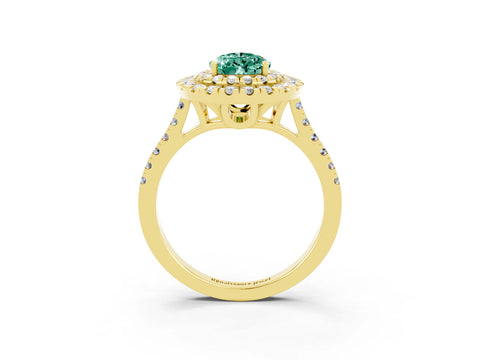 Yellow gold Double Halo Pear Cut Green Sapphire Pavé Band with Four-Prong Setting_3