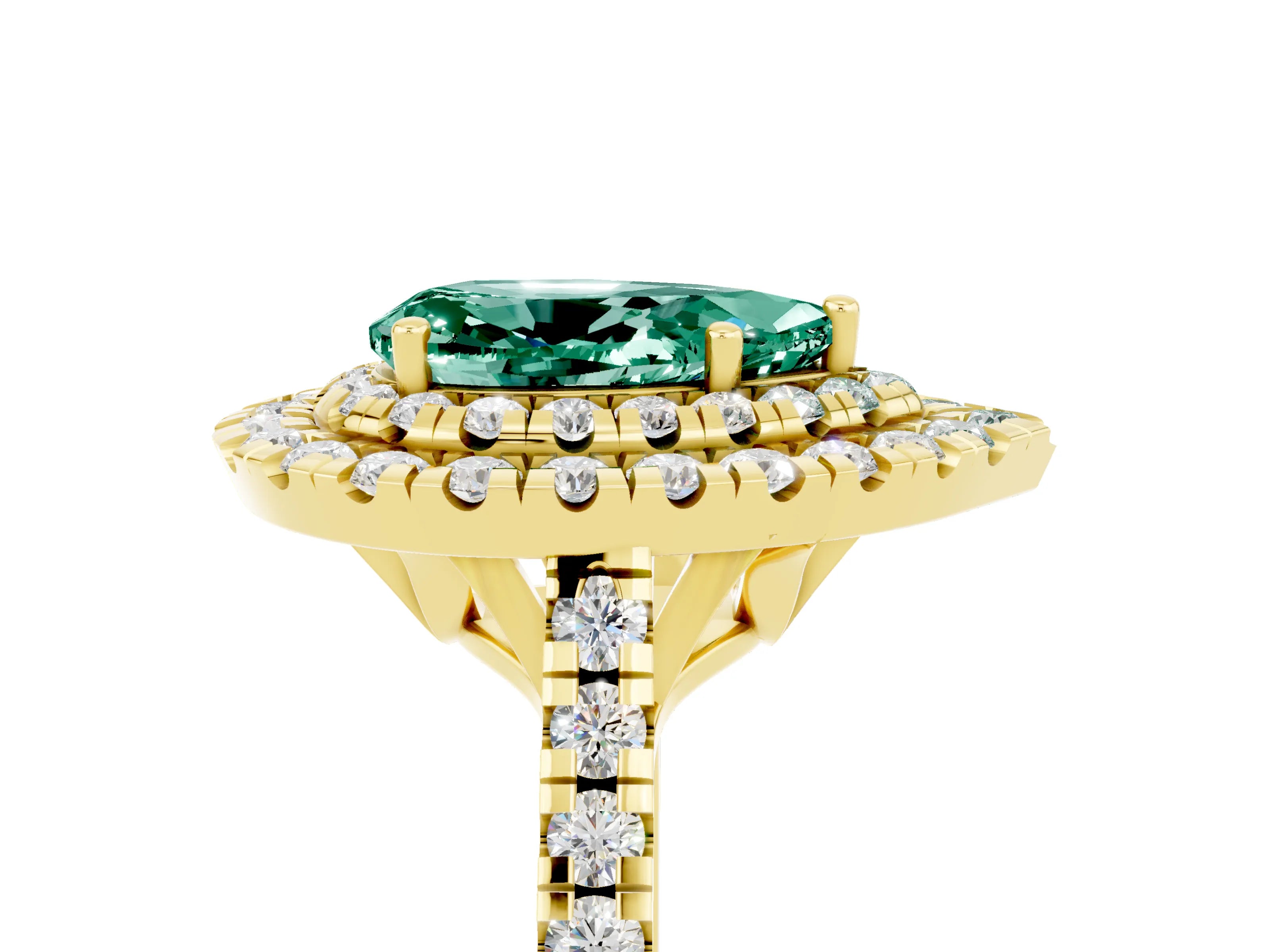 Yellow gold Double Halo Pear Cut Green Sapphire Pavé Band with Four-Prong Setting_5