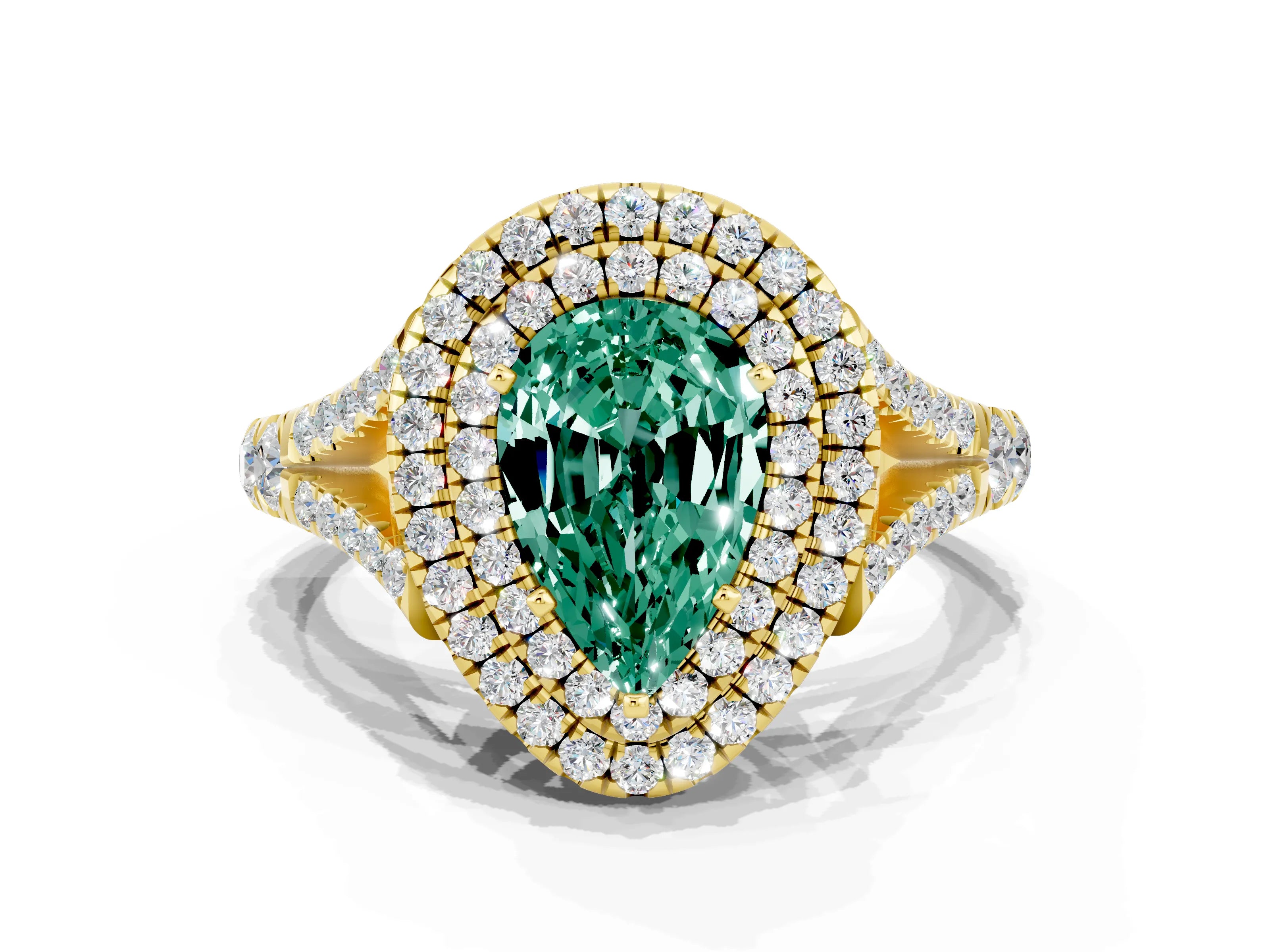 Yellow gold Double Halo Pear Cut Green Sapphire Pavé Split Shank Ring with Prong Setting
