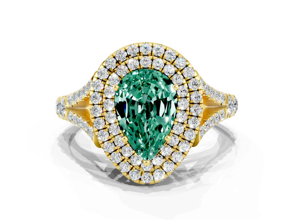 Yellow gold Double Halo Pear Cut Green Sapphire Pavé Split Shank Ring with Prong Setting