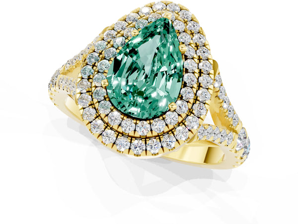 Yellow gold Double Halo Pear Cut Green Sapphire Pavé Split Shank Ring with Prong Setting