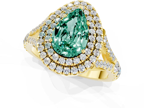Yellow gold Double Halo Pear Cut Green Sapphire Pavé Split Shank Ring with Prong Setting_1