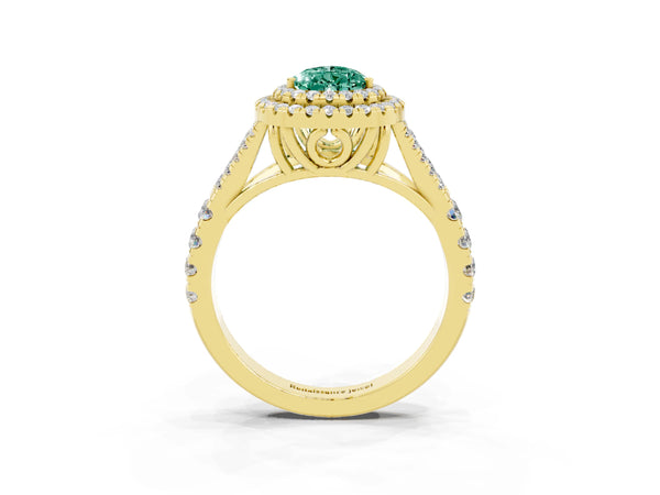 Yellow gold Double Halo Pear Cut Green Sapphire Pavé Split Shank Ring with Prong Setting
