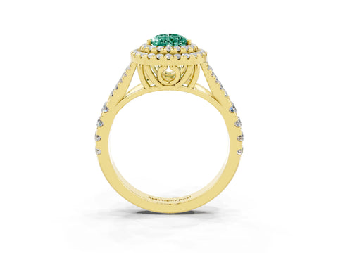 Yellow gold Double Halo Pear Cut Green Sapphire Pavé Split Shank Ring with Prong Setting_3