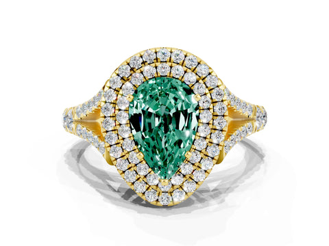 Yellow gold Double Halo Pear Cut Green Sapphire Pavé Split Shank Ring with Prong Setting
