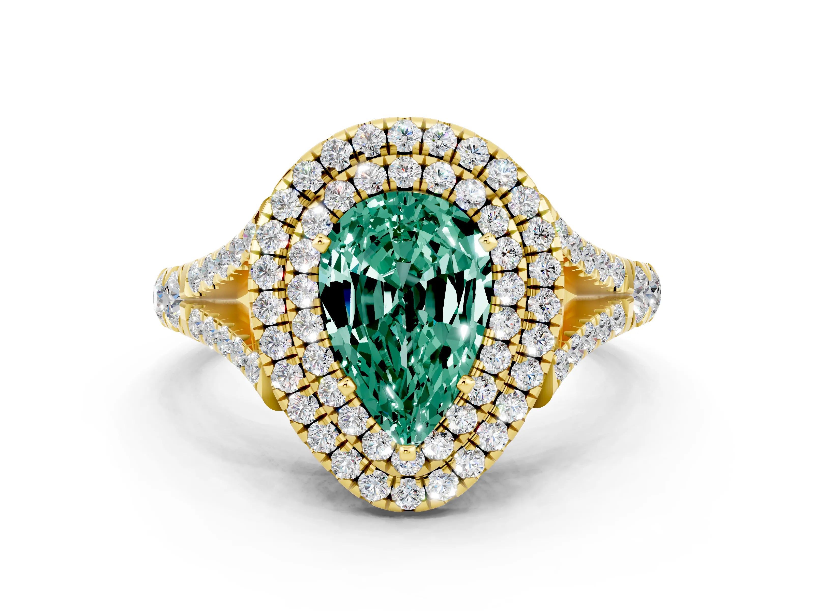Yellow gold Double Halo Pear Cut Green Sapphire Split Shank Engagement Ring with Four-Prong Setting
