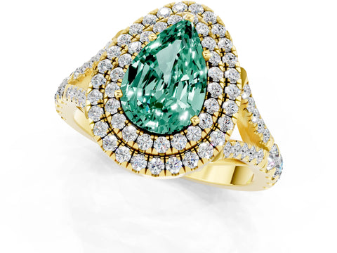 Yellow gold Double Halo Pear Cut Green Sapphire Split Shank Engagement Ring with Four-Prong Setting_1