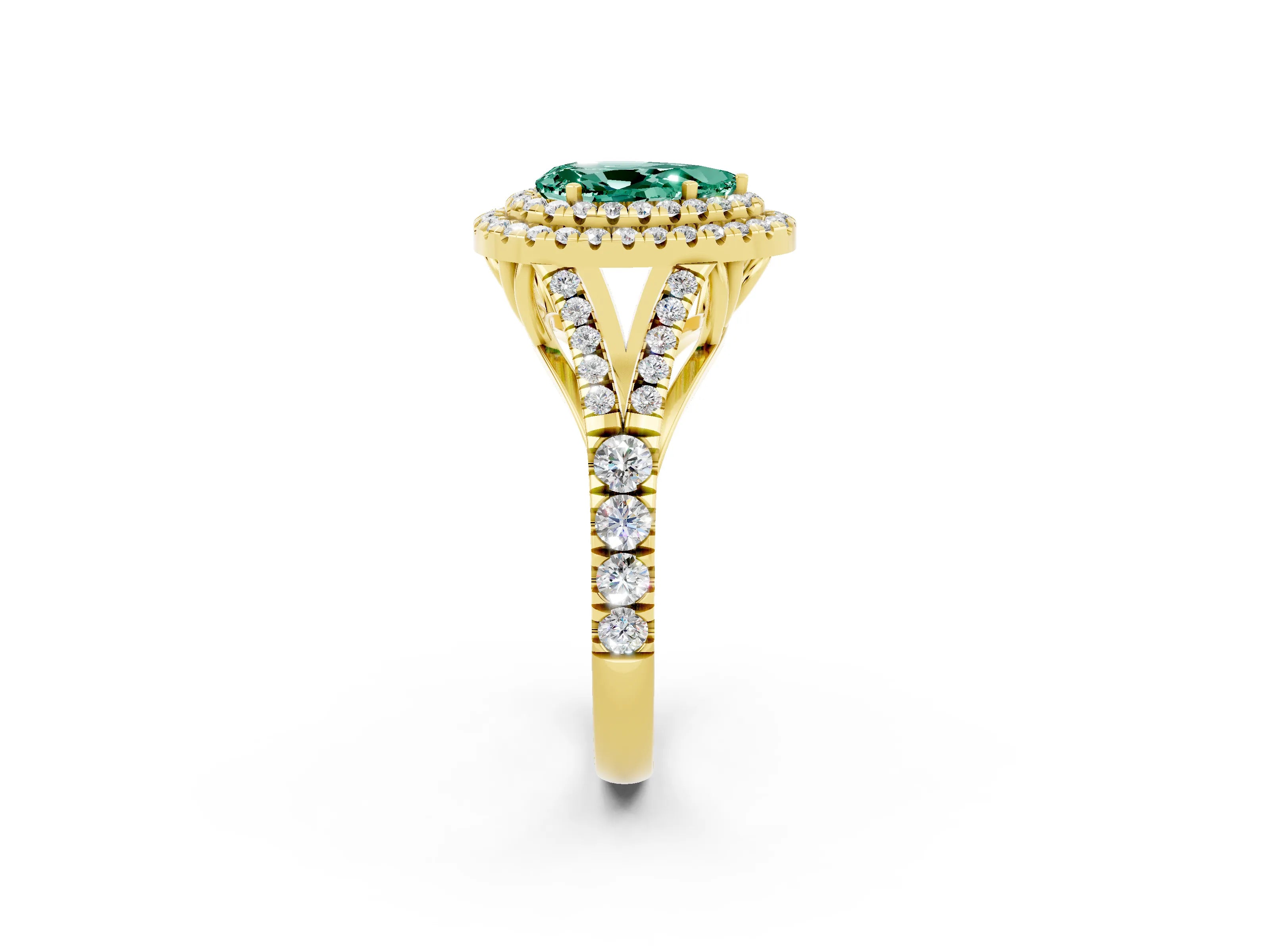 Yellow gold Double Halo Pear Cut Green Sapphire Split Shank Engagement Ring with Four-Prong Setting_2