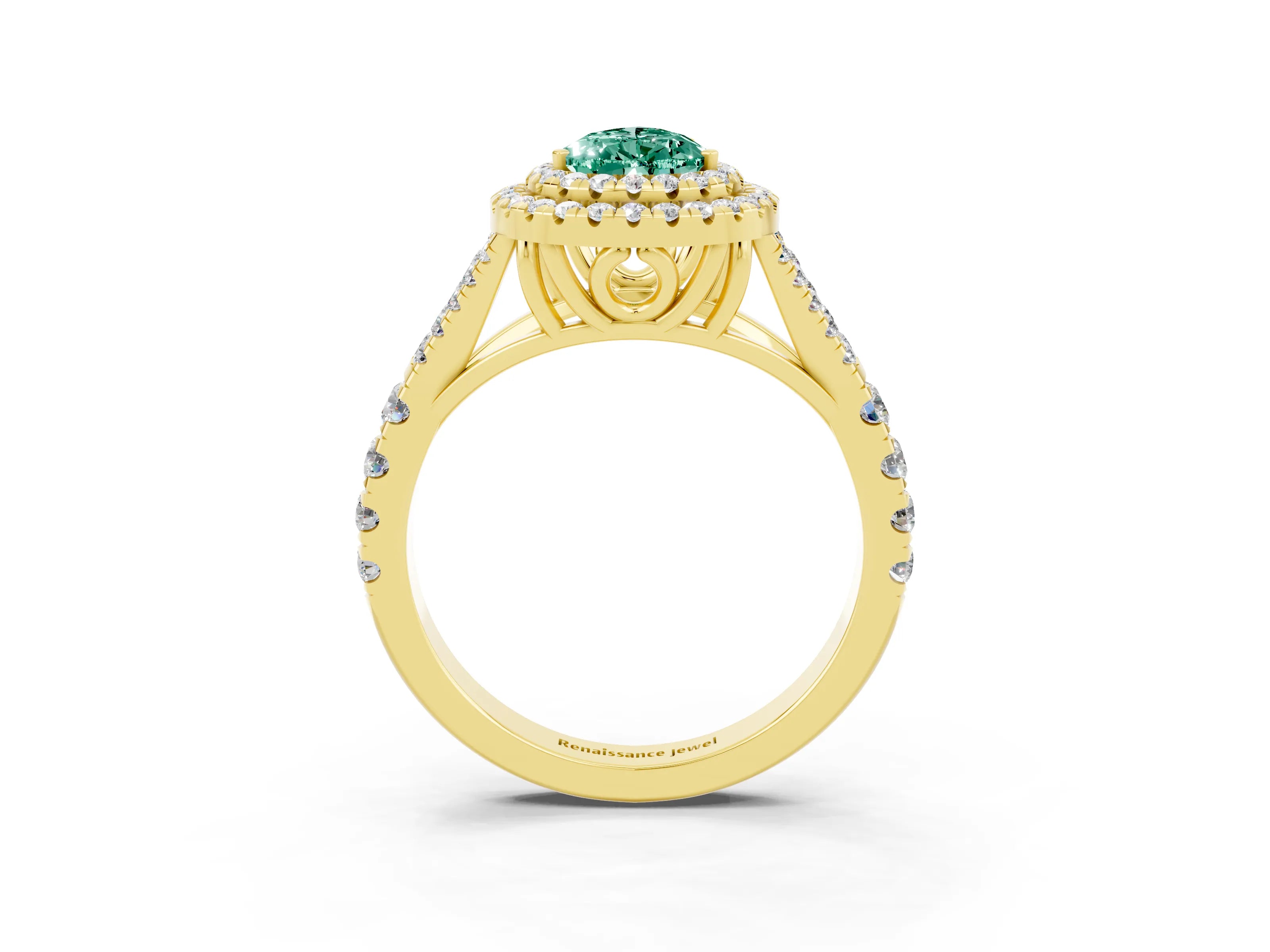Yellow gold Double Halo Pear Cut Green Sapphire Split Shank Engagement Ring with Four-Prong Setting_3
