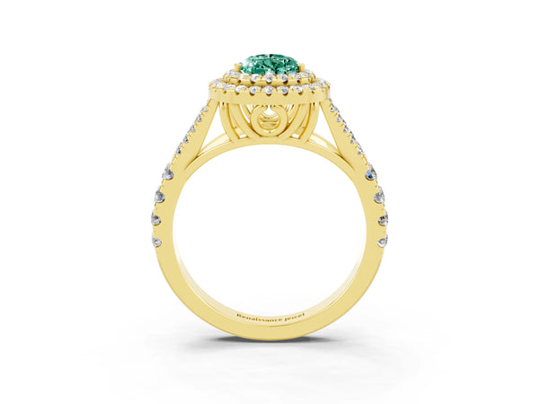 Yellow gold Double Halo Pear Cut Green Sapphire Split Shank Engagement Ring with Four-Prong Setting