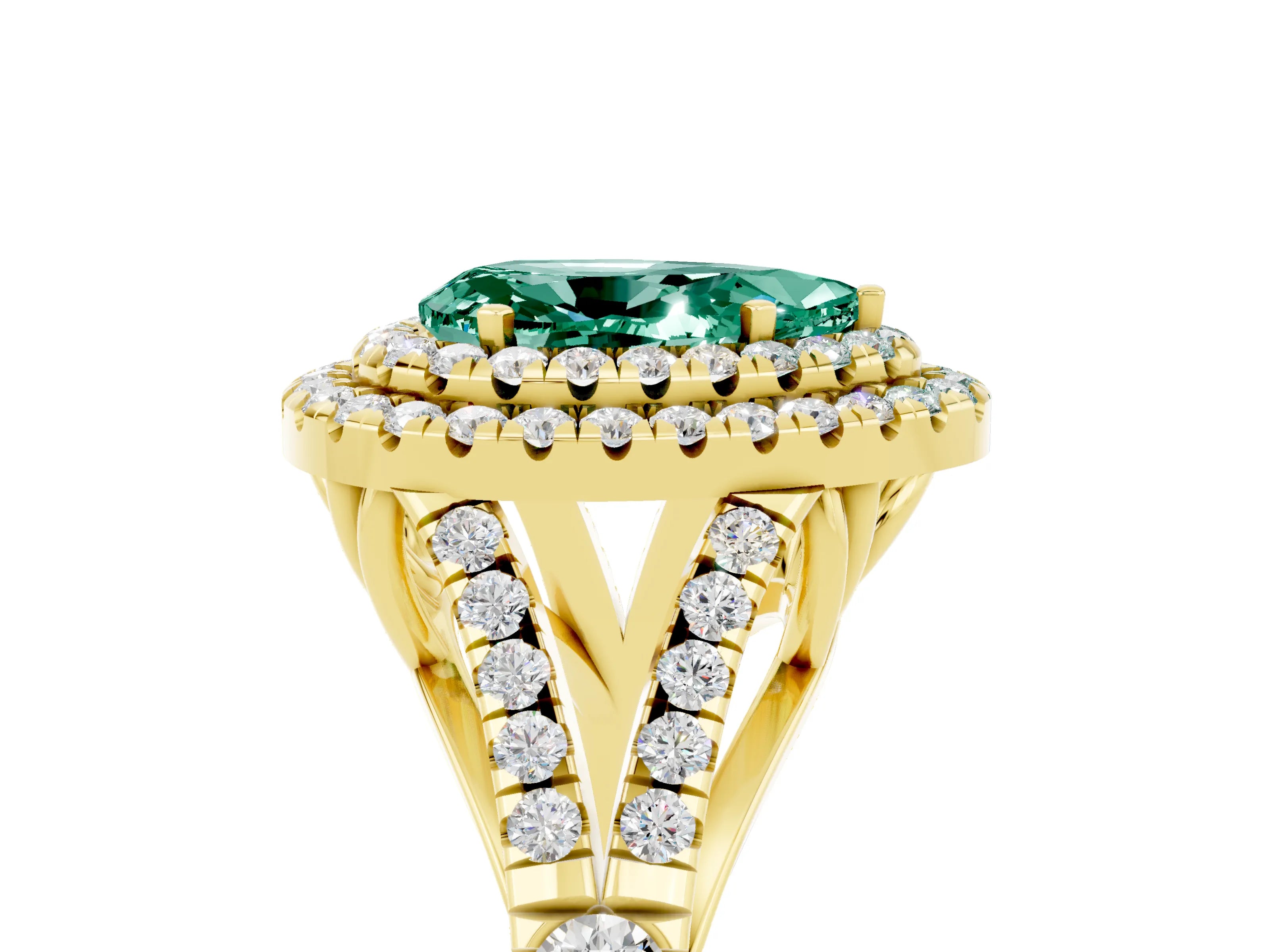 Yellow gold Double Halo Pear Cut Green Sapphire Split Shank Engagement Ring with Four-Prong Setting_5