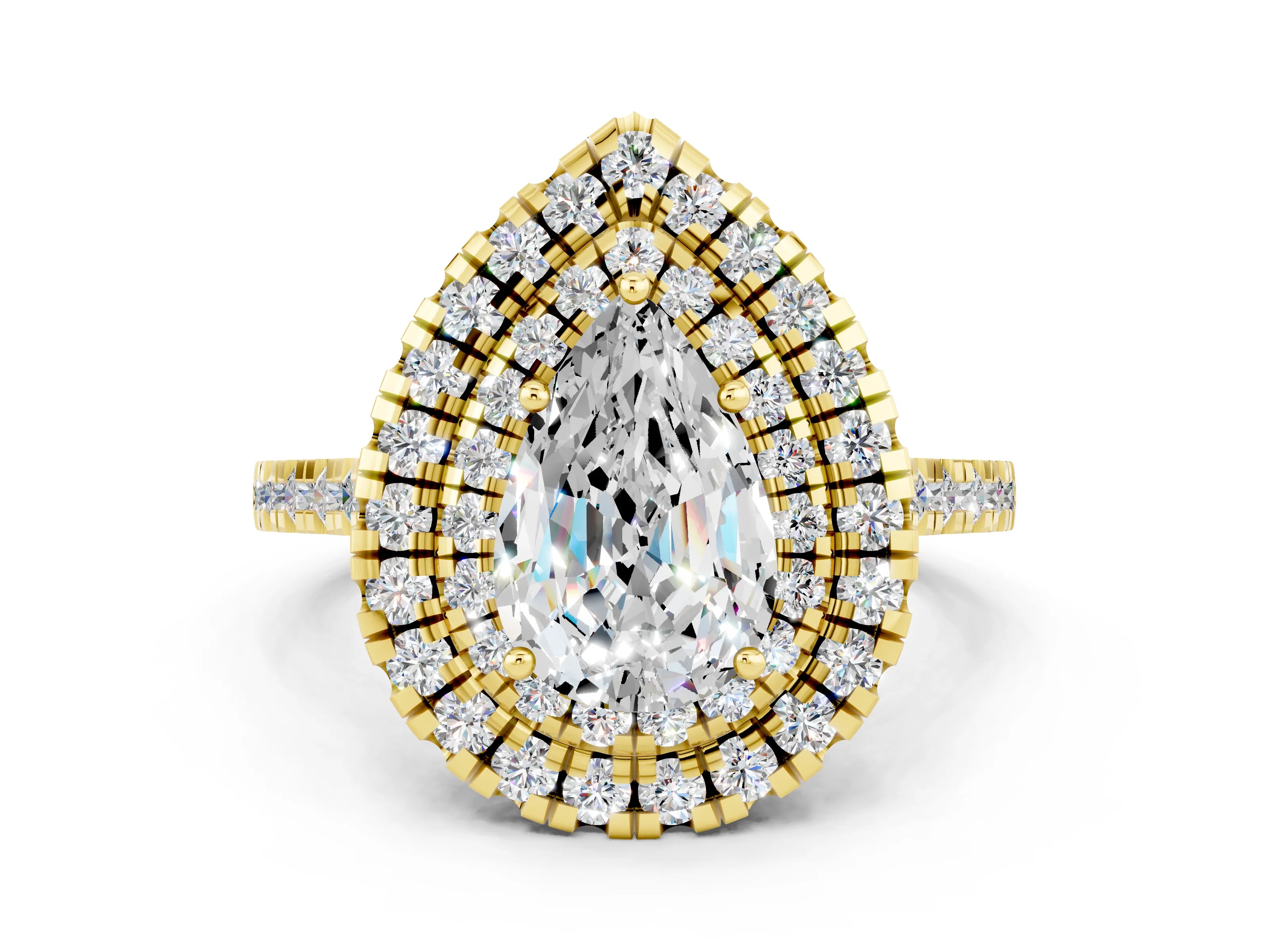 Yellow gold Double Halo Pear Cut Moissanite Pavé Band with Four-Prong Setting