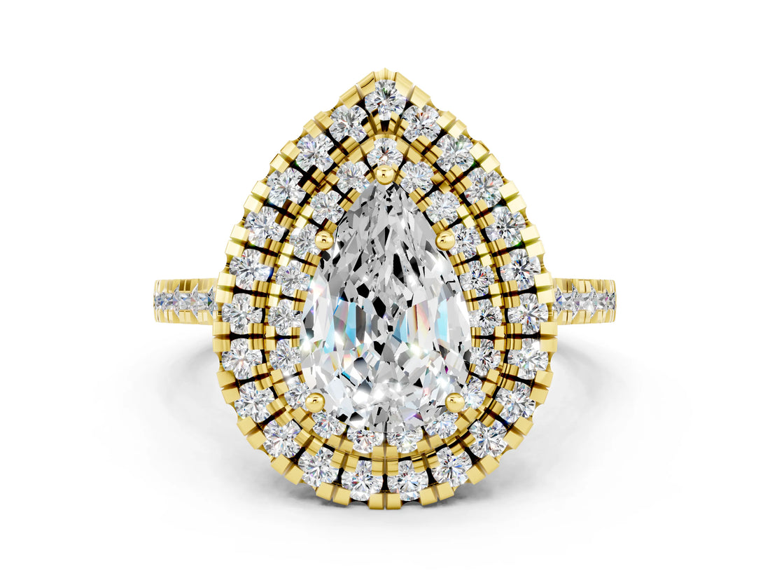 Yellow gold Double Halo Pear Cut Moissanite Pavé Band with Four-Prong Setting