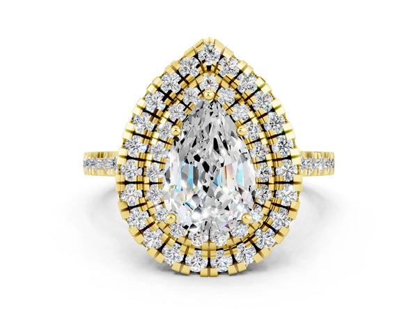 Yellow gold Double Halo Pear Cut Moissanite Pavé Band with Four-Prong Setting