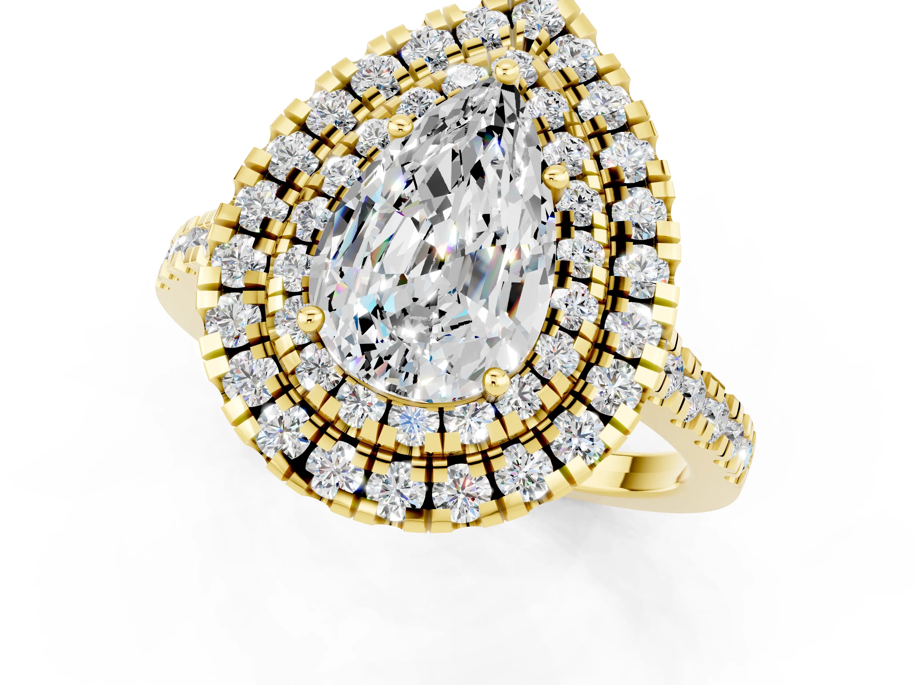 Yellow gold Double Halo Pear Cut Moissanite Pavé Band with Four-Prong Setting_1