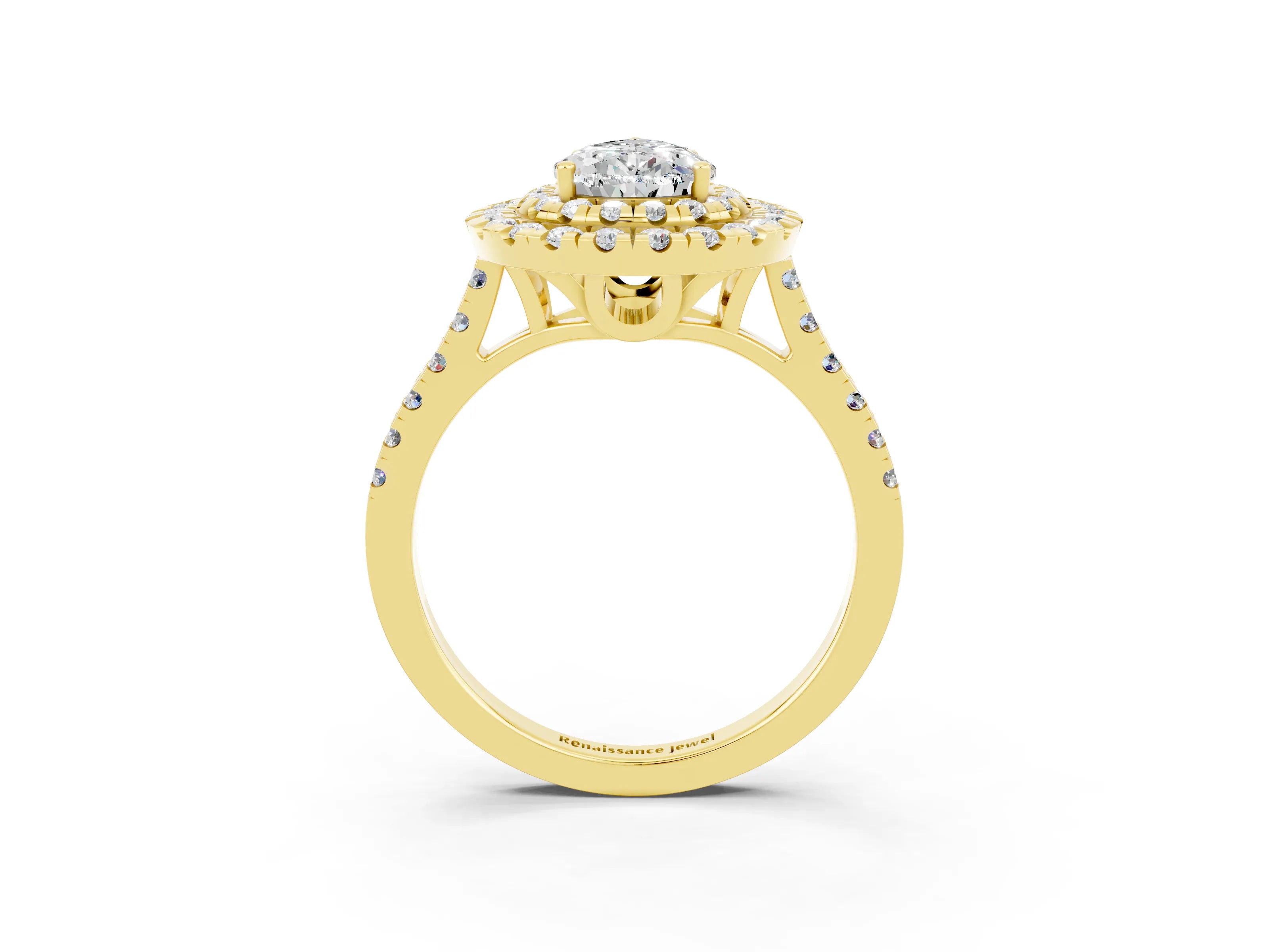Yellow gold Double Halo Pear Cut Moissanite Pavé Band with Four-Prong Setting_3