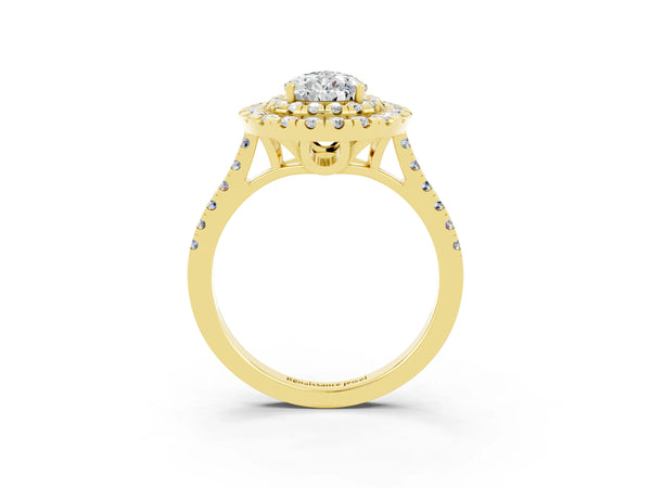 Yellow gold Double Halo Pear Cut Moissanite Pavé Band with Four-Prong Setting