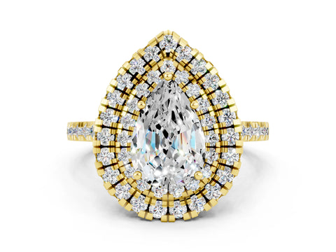 Yellow gold Double Halo Pear Cut Moissanite Pavé Band with Four-Prong Setting
