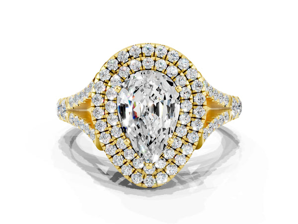 Yellow gold Double Halo Pear Cut Moissanite Pavé Split Shank Ring with Prong Setting