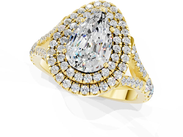 Yellow gold Double Halo Pear Cut Moissanite Pavé Split Shank Ring with Prong Setting