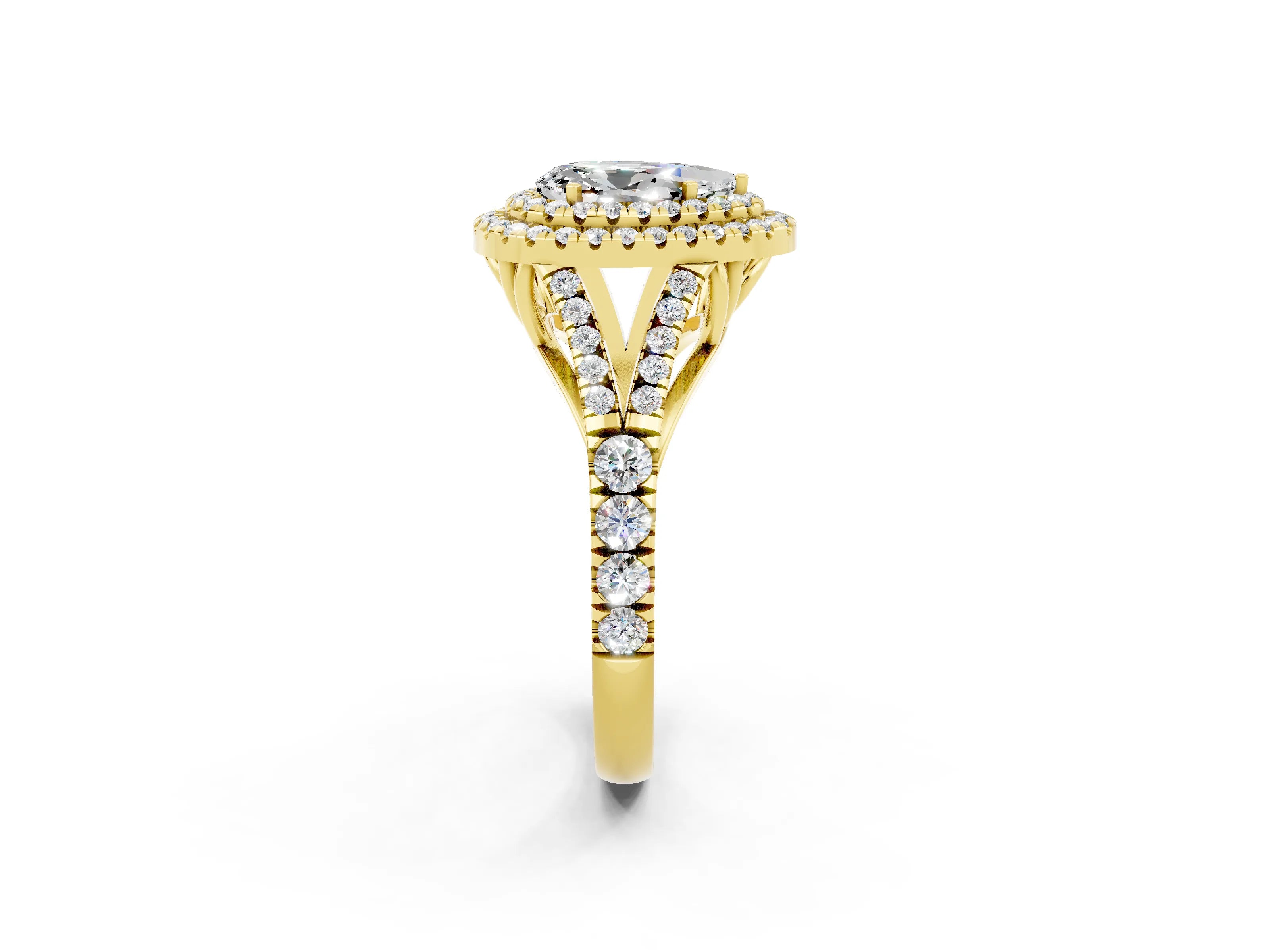 Yellow gold Double Halo Pear Cut Moissanite Pavé Split Shank Ring with Prong Setting_2