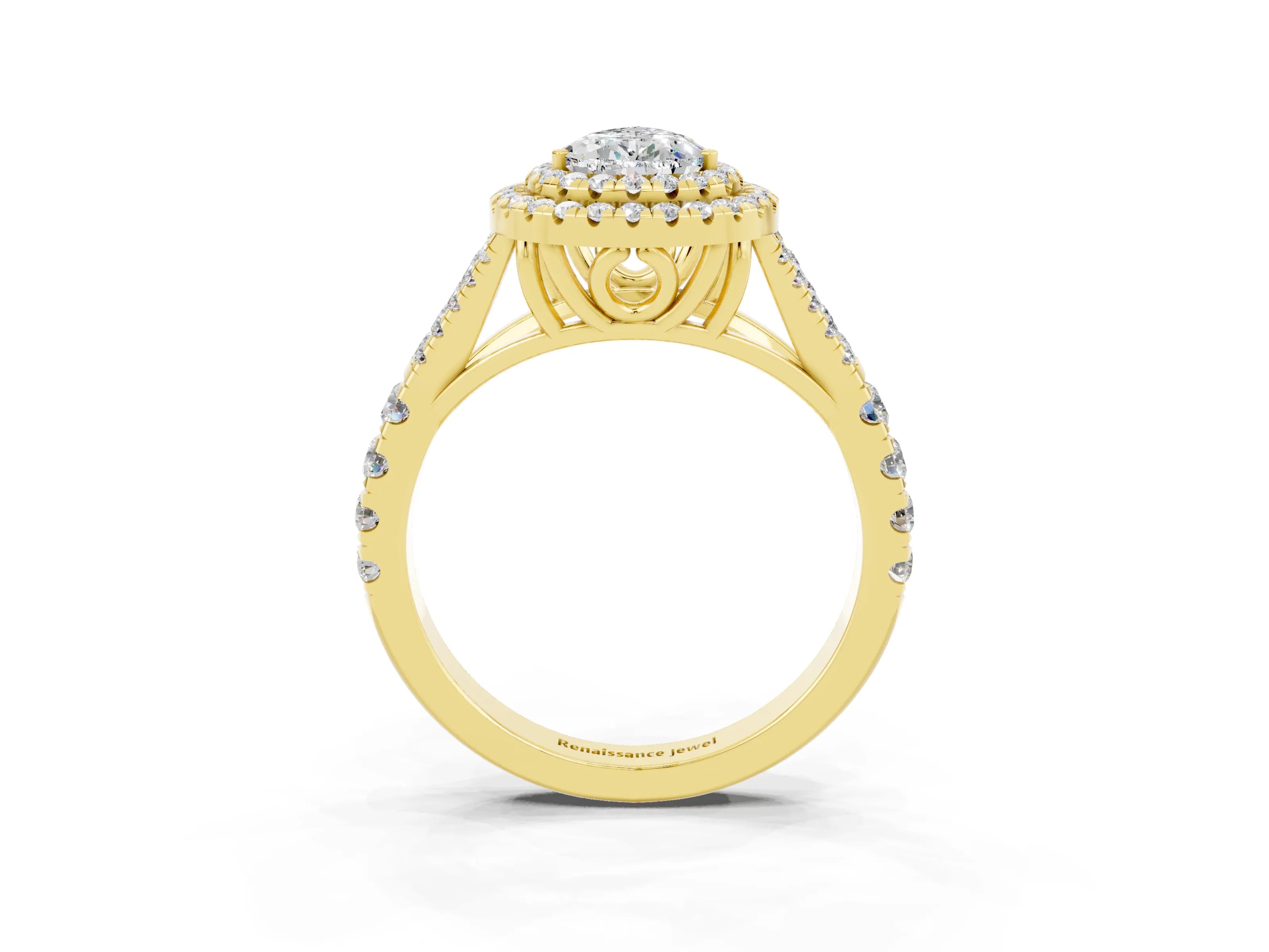 Yellow gold Double Halo Pear Cut Moissanite Pavé Split Shank Ring with Prong Setting_3