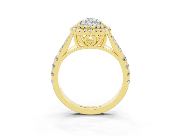 Yellow gold Double Halo Pear Cut Moissanite Pavé Split Shank Ring with Prong Setting