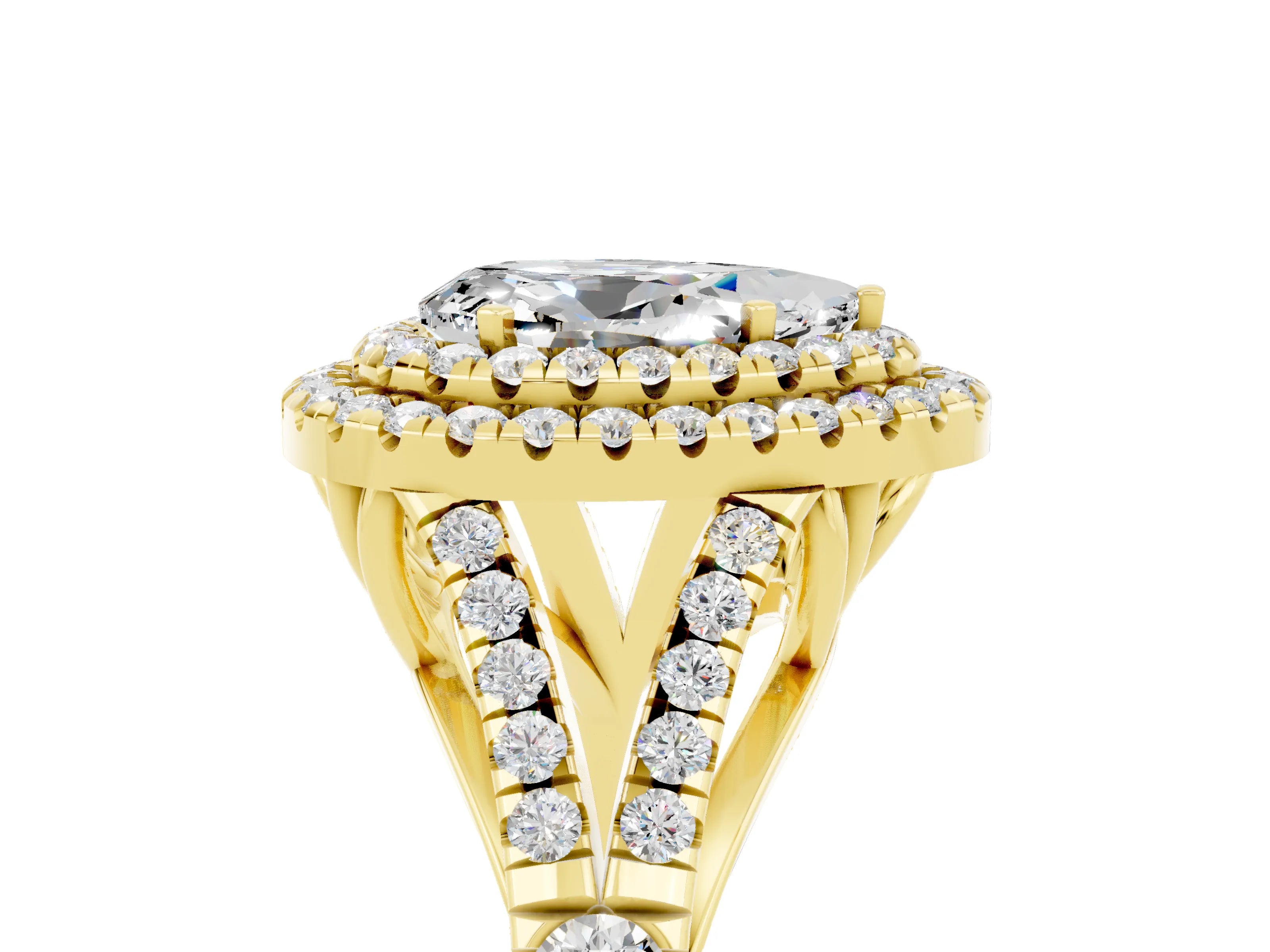 Yellow gold Double Halo Pear Cut Moissanite Pavé Split Shank Ring with Prong Setting_5