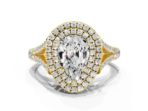 Yellow gold Double Halo Pear Cut Moissanite Pavé Split Shank Ring with Prong Setting