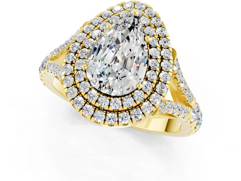 Yellow gold Double Halo Pear Cut Moissanite Split Shank Engagement Ring with Four-Prong Setting_1
