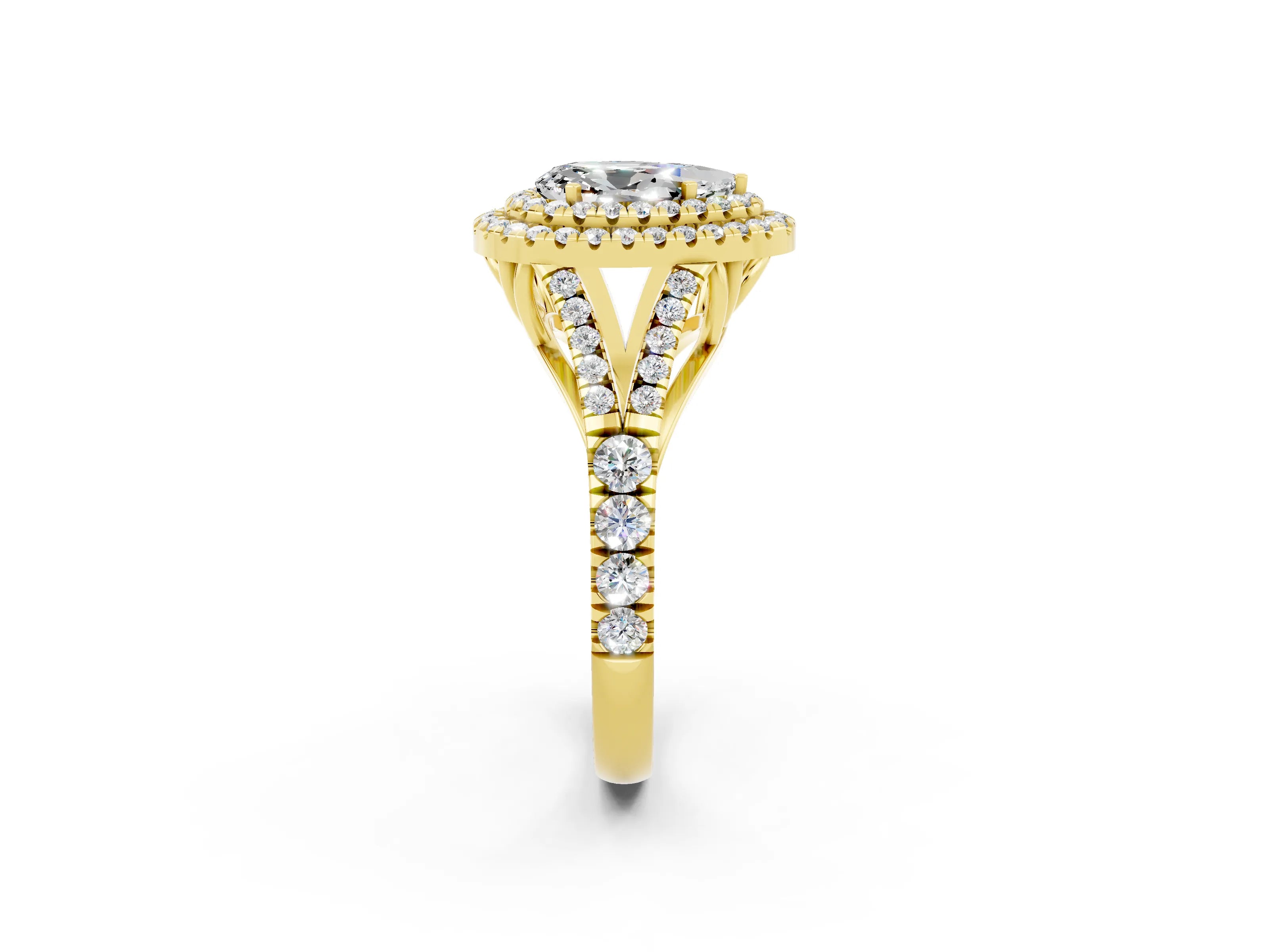 Yellow gold Double Halo Pear Cut Moissanite Split Shank Engagement Ring with Four-Prong Setting_2