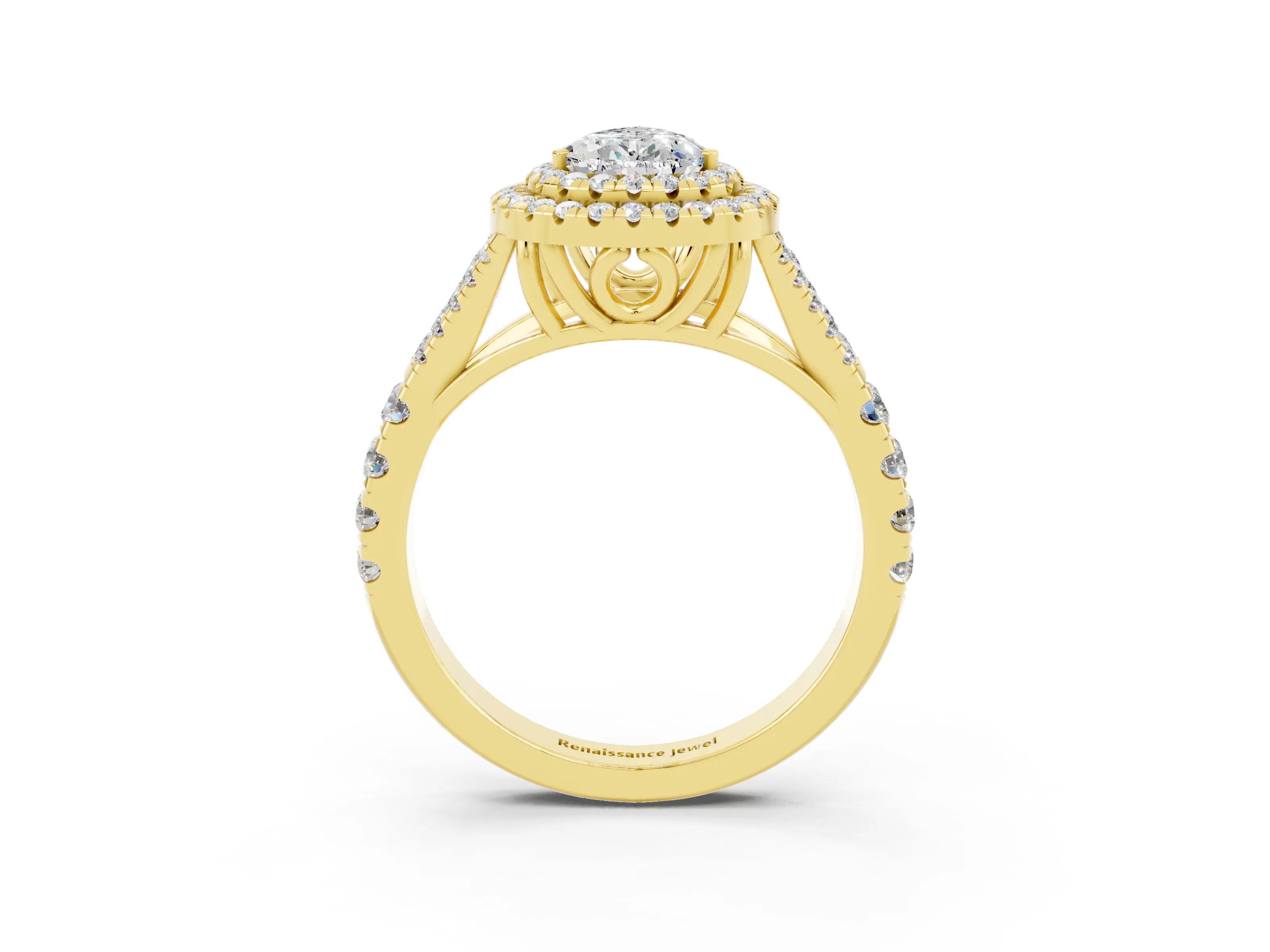 Yellow gold Double Halo Pear Cut Moissanite Split Shank Engagement Ring with Four-Prong Setting_3