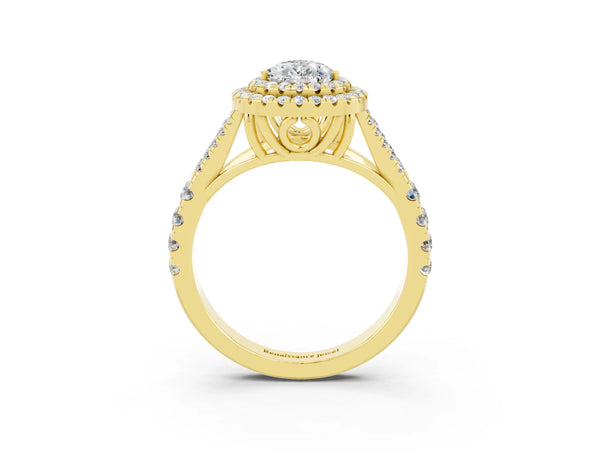Yellow gold Double Halo Pear Cut Moissanite Split Shank Engagement Ring with Four-Prong Setting