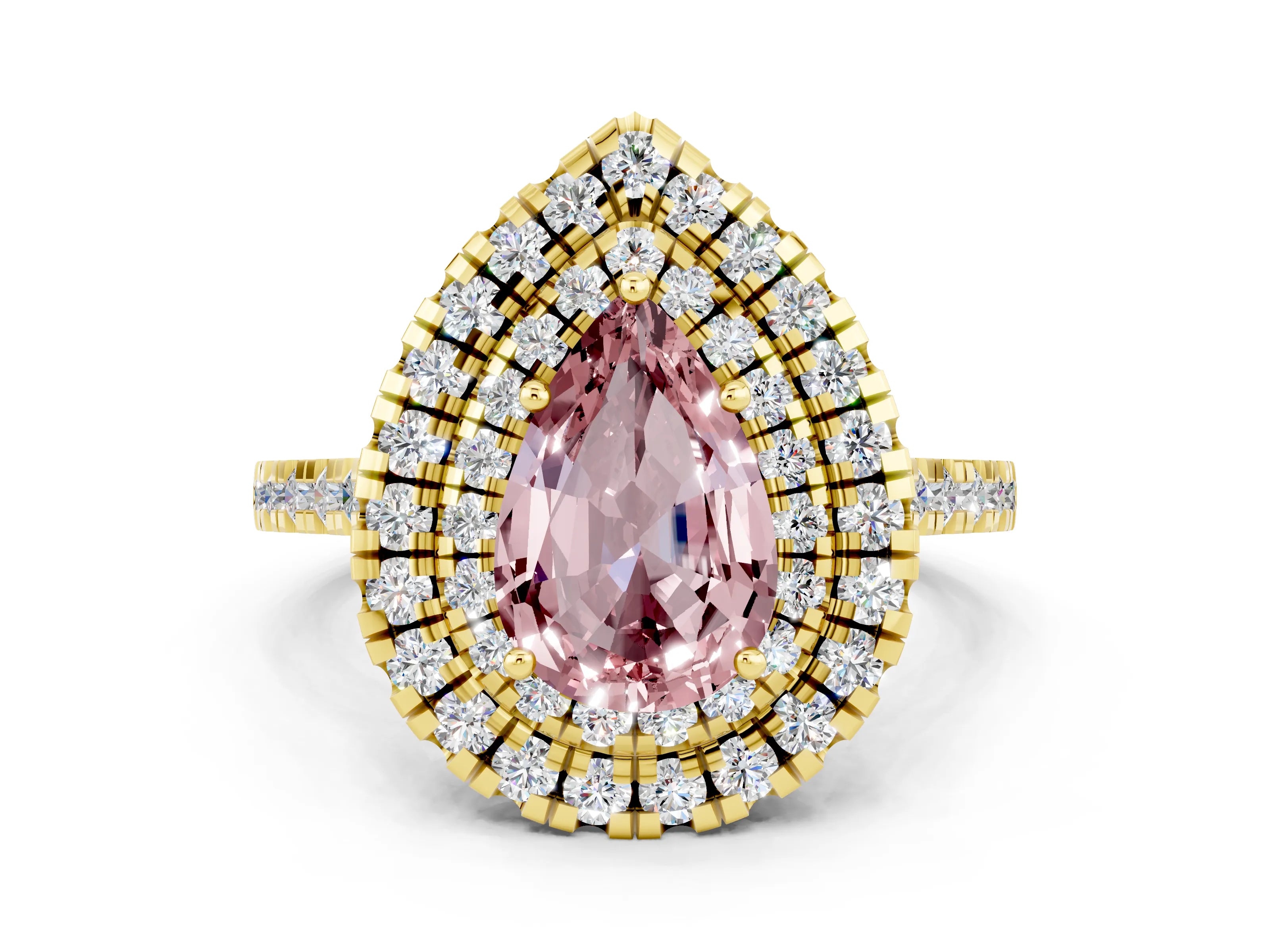 Yellow gold Double Halo Pear Cut Morganite Pavé Band with Four-Prong Setting