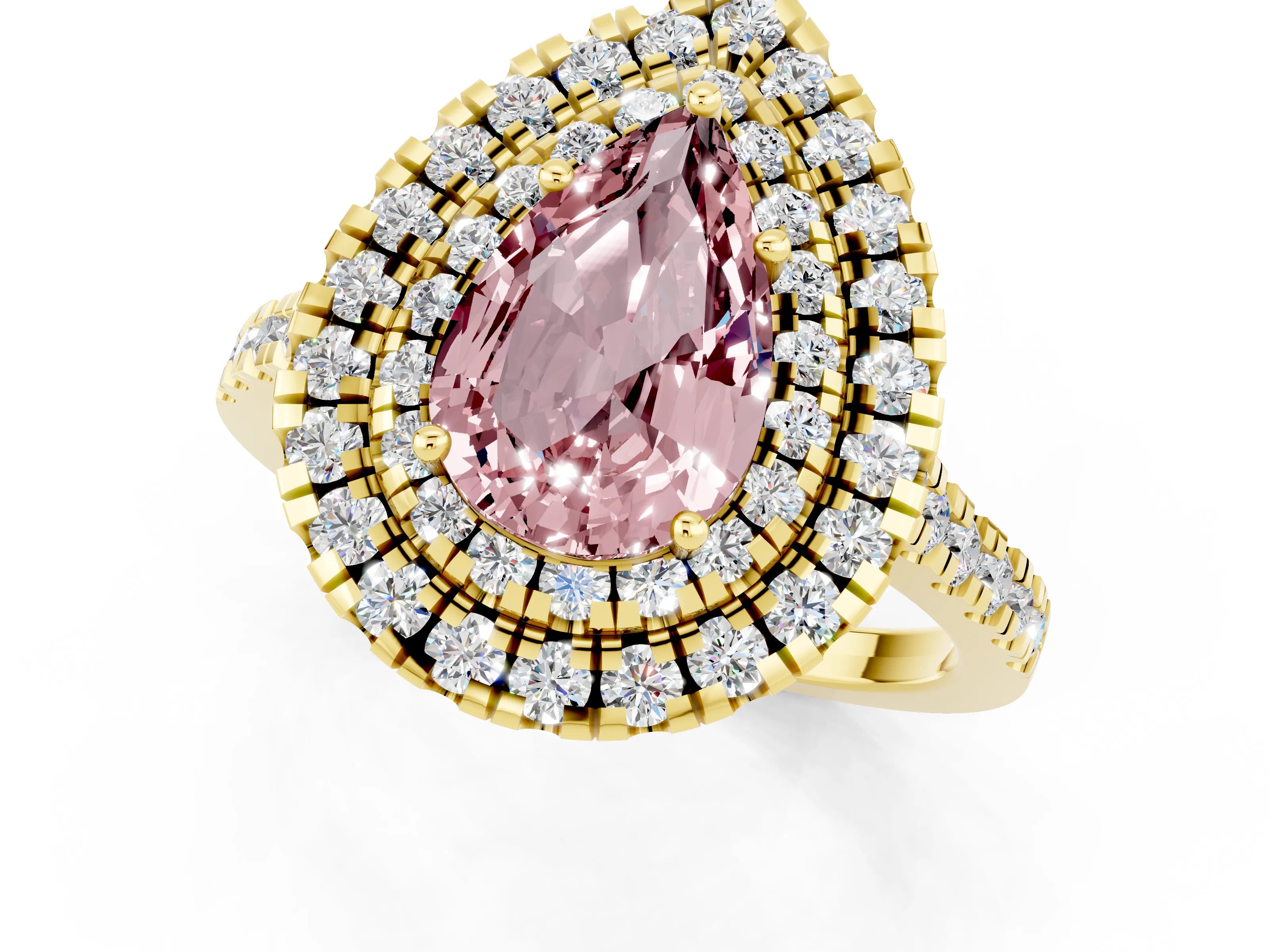 Yellow gold Double Halo Pear Cut Morganite Pavé Band with Four-Prong Setting_1