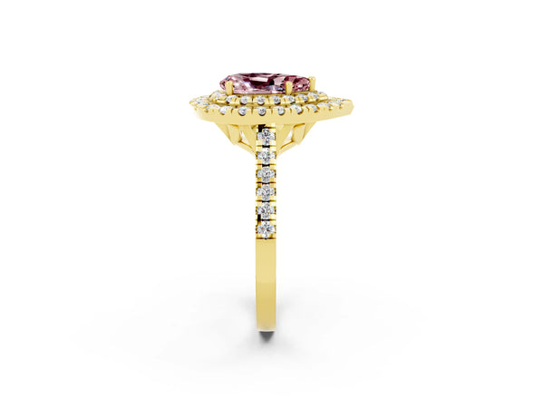 Yellow gold Double Halo Pear Cut Morganite Pavé Band with Four-Prong Setting