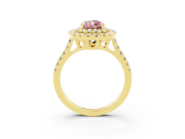 Yellow gold Double Halo Pear Cut Morganite Pavé Band with Four-Prong Setting