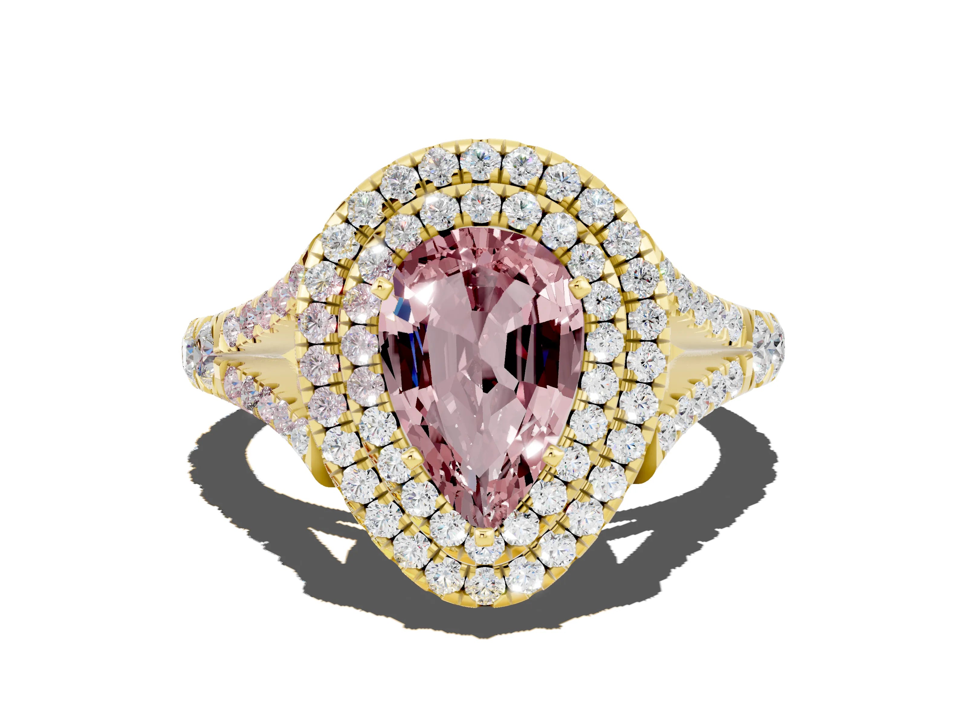 Yellow gold Double Halo Pear Cut Morganite Pavé Split Shank Ring with Prong Setting