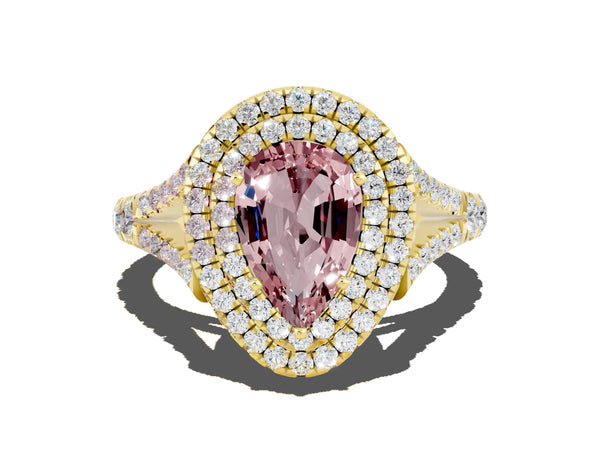 Yellow gold Double Halo Pear Cut Morganite Pavé Split Shank Ring with Prong Setting