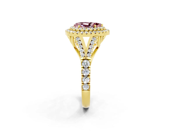 Yellow gold Double Halo Pear Cut Morganite Pavé Split Shank Ring with Prong Setting